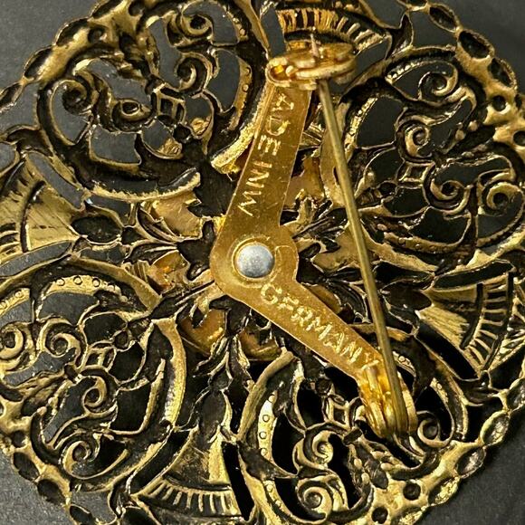 Antique Art Deco Brooch Filigree Faux Turquoise Stone Enamel Accents W. Germany - Picture 3 of 4